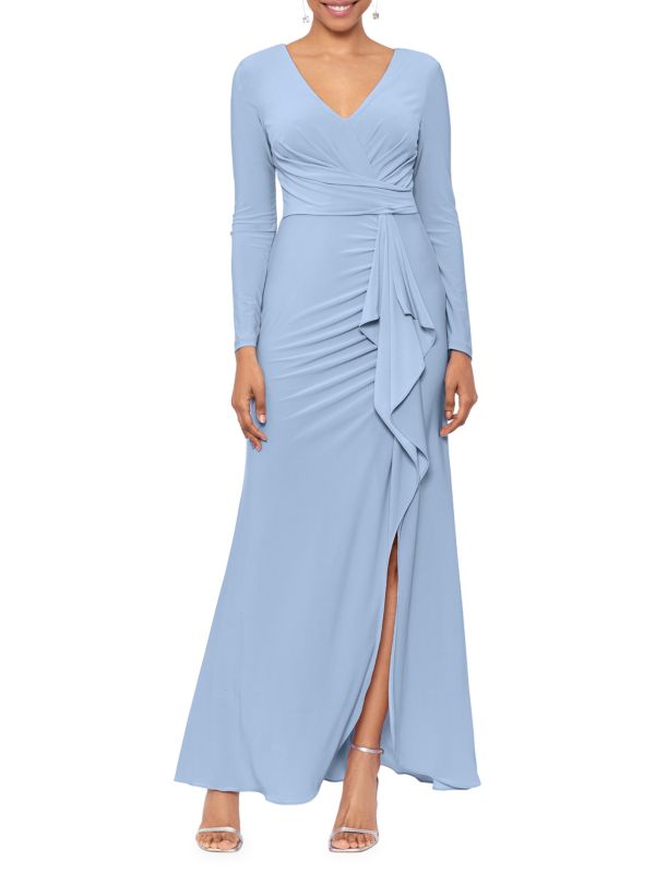 Betsy & Adam Surplice Front Slit Pleated Gown